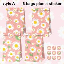 7pcs Exquisite Small Chrysanthemum And Donut Patterned Kraft Paper Bag With Stickers, Party Gift Bag - Multicolor - View 1