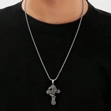 1 Collar De Acero Inoxidable Con Colgante En Forma De Cruz Y Dragón Para Hombres Con Estilo Vintage Y Punk - Plata antigua - Ver 2