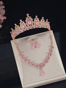 4pcs Girls Kids Accessories Set - Pink Crystal Crown, Gold Alloy Necklace, Earrings, Suitable For Holiday Outfits, Stage Performance, Fashion Show, Great Gift For Children Birthday