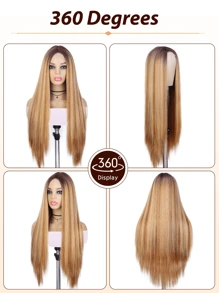 28英寸長直頭發,淺啡混金色中間蕾絲位合成褐色漸變色自然直頭髮女士假髮,適用於日常和派對,淺啡混金色 - 亞麻棕 - 查看 7