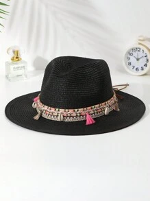 件裝女式波西米亞風格流蘇和貝殼裝飾女牛仔/牛仔帽，爵士巴拿馬帽，寬邊太陽帽適合日常佩戴