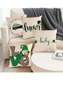 4入組聖派翠克節幸運草綠色格子圖案裝飾枕套（不包含枕芯）,用於沙發裝飾 - 橘色 - 查看 3