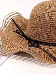 1 Miếng Quý cô Lưới Xoăn Sóng Cạnh Trang trí Nơ Mũ chống nắng , Thích hợp Đối với Hằng ngày Và bờ biển Kỳ nghỉ Mặc Boho - Mũ rơm quai ngang - Xem 3