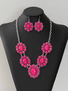 1 bộ Của phụ nữ Vintage Bohemian Phong cách đá Vòng cổ mặt dây chuyền & Hoa tai , Lý tưởng Đối với Kỳ nghỉ Hoặc Các bữa tiệc - Màu Hồng Tươi - Xem 3