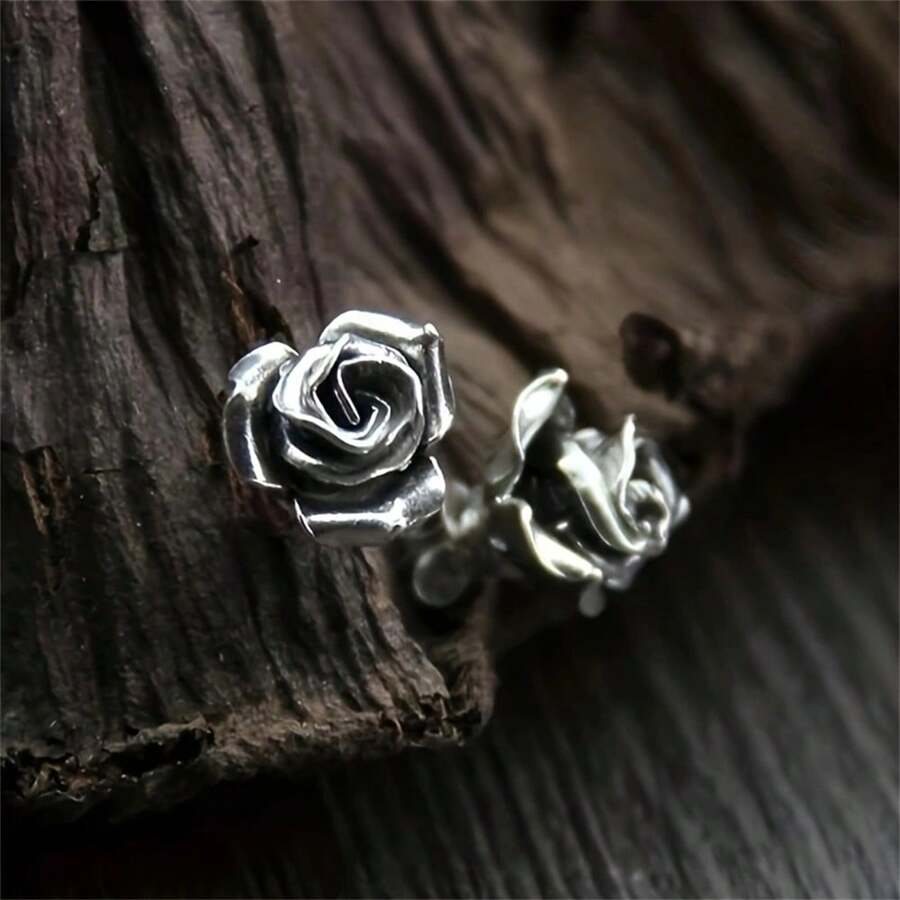 1 Par Brincos Esculpidos Em 3d Em Forma De Flor De Rosa Com Estilo Vintage Em Cor Prata, Adequado Para O Uso Diário Das Mulheres