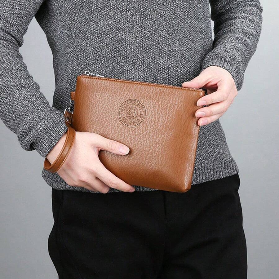 男士手拿包、手提包、腕包，防水便携轻巧，适合大学、商务旅行，PU皮革材质，商务简约风格，时尚街头风，适合男士、大学生、夏季、爸爸、新生，多功能，宿舍必备，大学礼物，情人节钱包，假日必备包，贴纸，情人节礼物，复古风，校园风，运动生活风，夏季包，春假旅行包，礼品袋，手提包，复古包 - 卡其色 - 查看 1