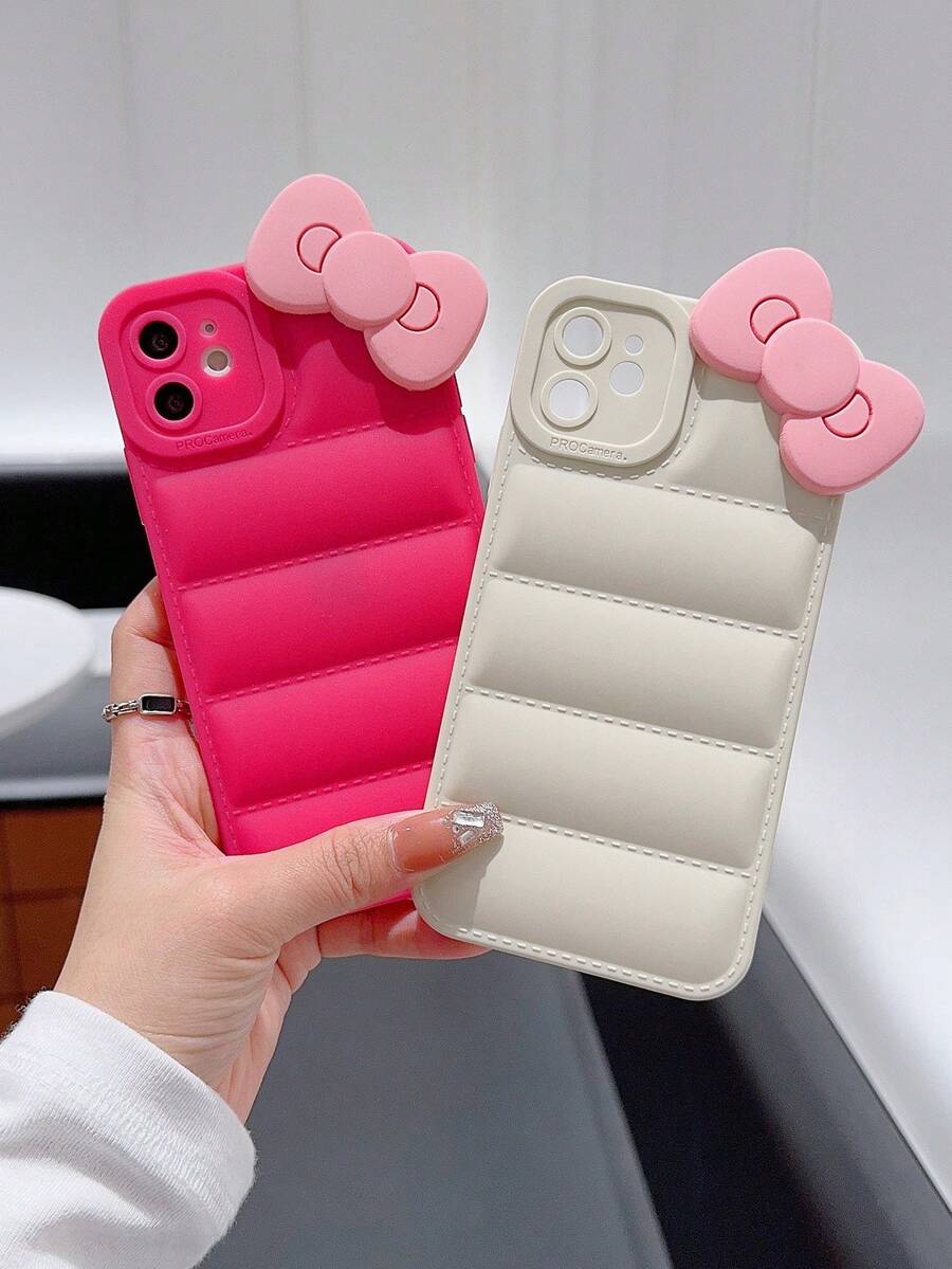 2入組純色3D蝴蝶結手機殼，支援iPhone 15 14Pro/13/12/11，防震保護手機套 - 彩色 - 查看 1