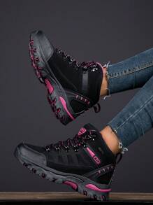 Couple Anti-Skid Breathable High-Top Hiking Shoes For Spring And Autumn Outdoor Sports, Men's Climbing Shoes And Women's Hiking Shoes, Black/Magenta Red