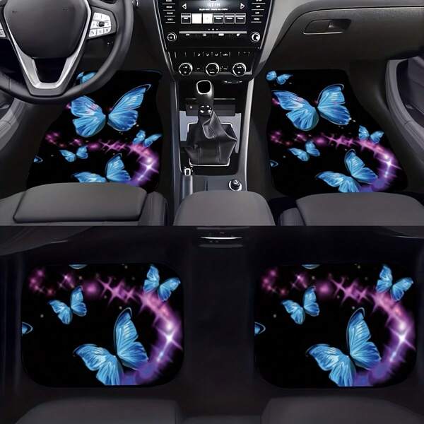 2 pièces/4 pièces Tapis de sol pour voiture à motif papillon bleu, tapis de sol avant et arrière pour voiture, ajustement universel pour voiture, SUV, camion, fourgon