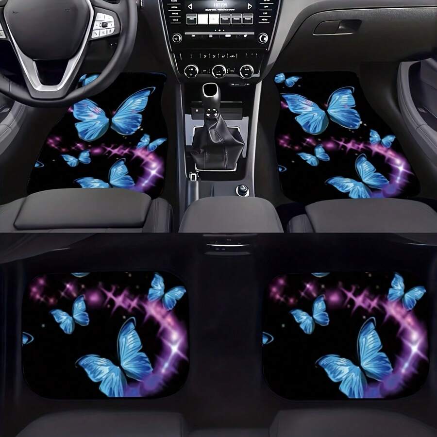 2 pièces/4 pièces Tapis de sol pour voiture à motif papillon bleu, tapis de sol avant et arrière pour voiture, ajustement universel pour voiture, SUV, camion, fourgon