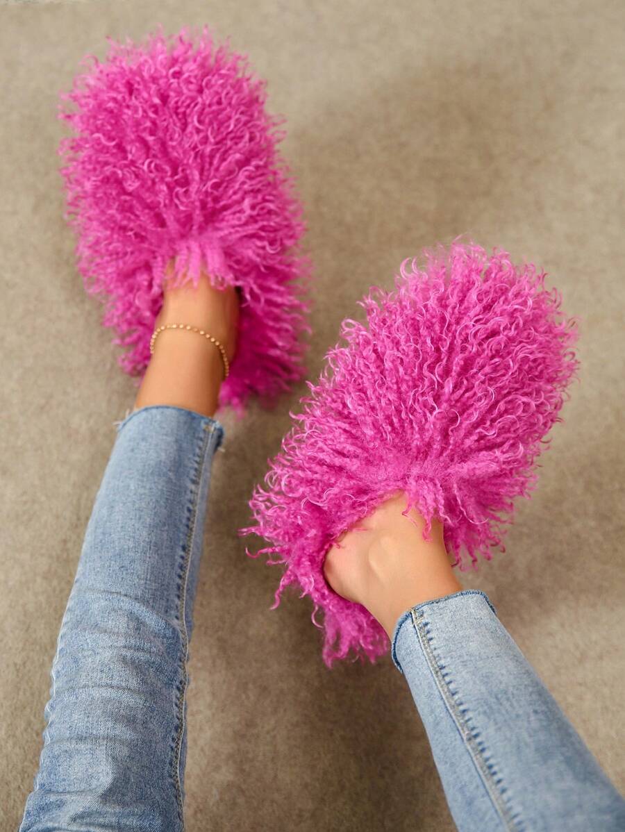 Women's Winter Plush Slipper, Home Soft Cozy Fluffy Slides In Rose Red