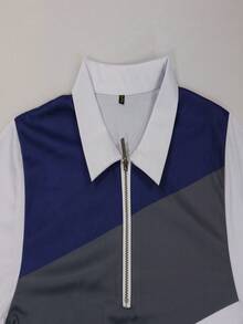 男士西裝外套時尚三色配襯立領上拉鍊印花馬球衫,男士運動馬球polo恤 - 藍白色 - 查看 3