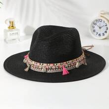 件裝女式波西米亞風格流蘇和貝殼裝飾女牛仔/牛仔帽，爵士巴拿馬帽，寬邊太陽帽適合日常佩戴