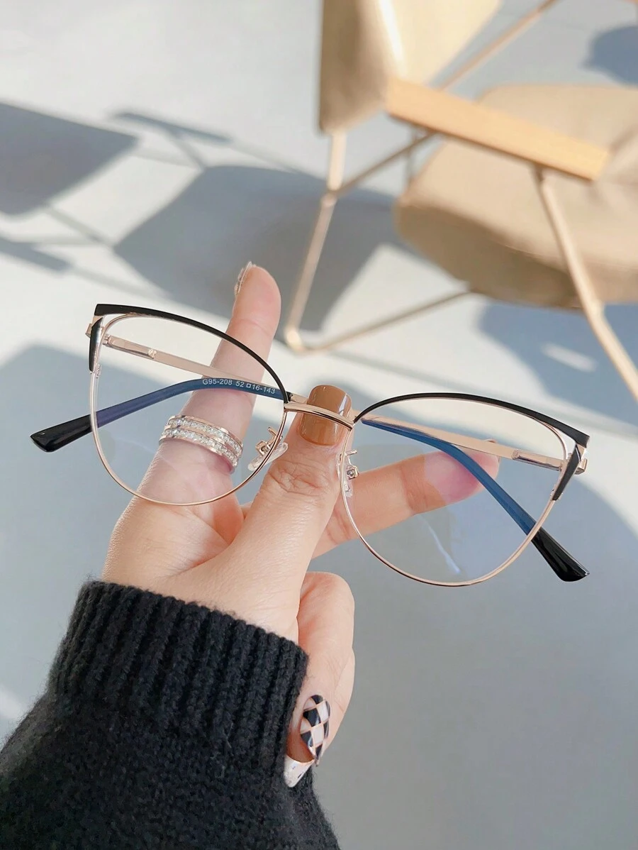 1 件装女士猫眼金属日常百搭裸妆防护平光眼镜 - 無色 - 查看 1