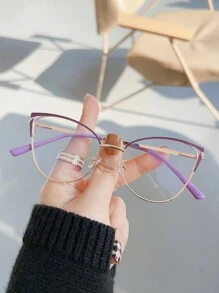 1 件装女士猫眼金属日常百搭裸妆防护平光眼镜 - 無色 - 查看 6