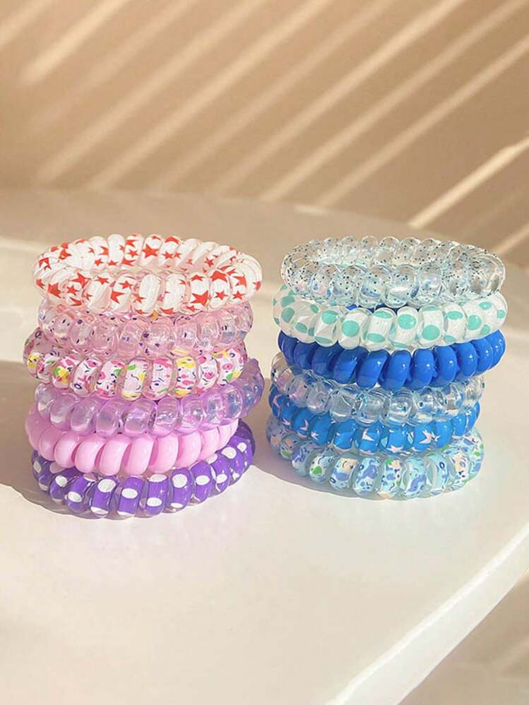6pcs Women Floral Print Coil Wire Casual Hair Tie For Daily Life Cute Tiaras Valentine's Day Valentines Ponytail Holders Hair Elastics Hair Rubber Bands Scrunchies Hair Rope Elastic Hair Tie, Hair Bobbles ﻿, Home Beauty Women Accessory Gifts - Multicolor - View 3