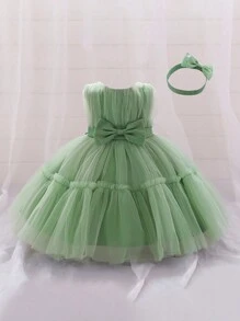 Vestido de gasa y satén de unicolor con decoración de mariposas en la cintura para niña joven, ropa formal hermosa y elegante con adorno para el cabello incluido como regalo