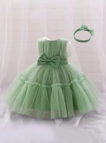Vestido de gasa y satén de unicolor con decoración de mariposas en la cintura para niña joven, ropa formal hermosa y elegante con adorno para el cabello incluido como regalo