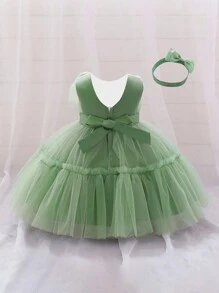 Vestido de gasa y satén de unicolor con decoración de mariposas en la cintura para niña joven, ropa formal hermosa y elegante con adorno para el cabello incluido como regalo
