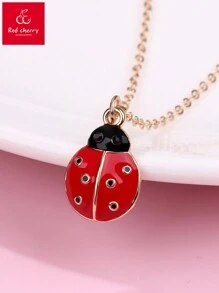 1pc Cute Zinc Alloy Beetle Shaped Pendant Necklace With Red & Black Dripping Design, Suitable For Girls Daily Wear Jewelry - Multicolor - View 1