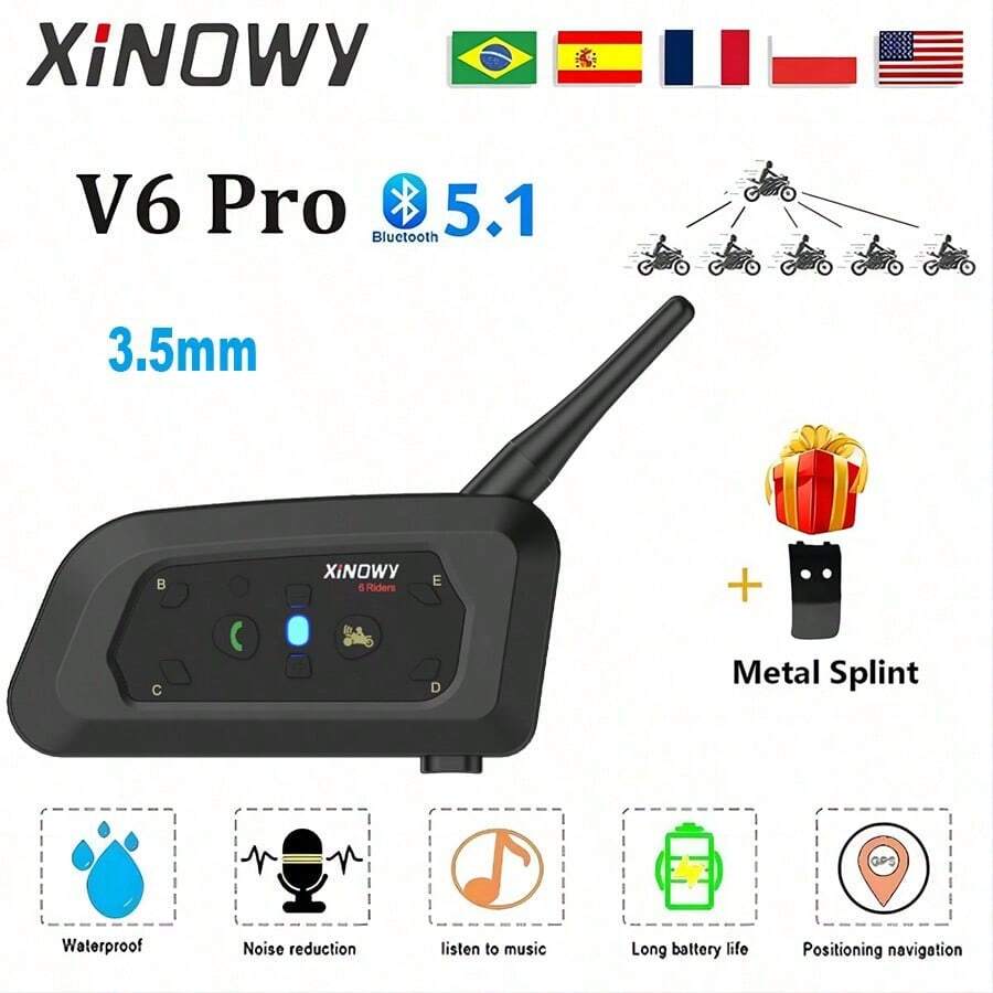1 pieza XiNOWy V6 PRO Intercomunicador de casco de motocicleta, auricular con Bluetooth para 2 pilotos, reproductor de música de 800M, interfaz de audio impermeable de 3.5mm - Paquete individual V6 PRO 3,5 mm - Ver 1