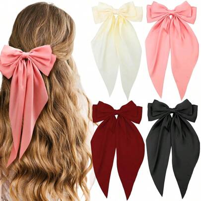 4pcs Large Bow Hair Clips, French Satin Smooth Bow Hair Clips With Long Tails, Ideal For Birthday/Party/Performance (Pink, Burgundy, Black, Beige)