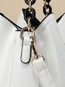 Fashion Solid Color Women Handbag, Women Chain Strap Crossbody Bag, Women PU Leather Shoulder Bag And Wallet, Bucket Wallet - White - View 10