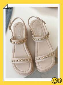 Dép đế xuồng trang trí ngọc trai giả cho nữ, kiểu dáng mùa hè mới 2024 Dép đế dày hở ngón quai - Màu be - Xem 4