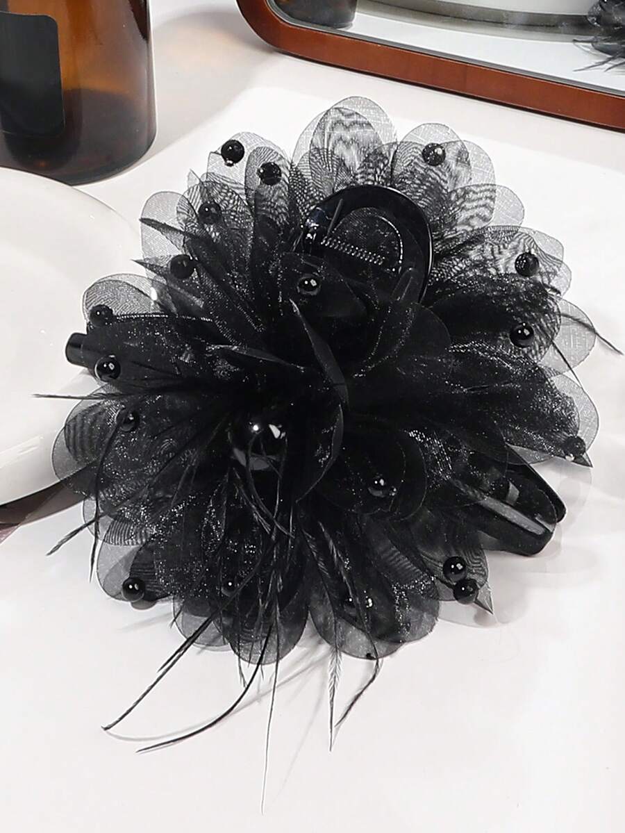 優雅1入組黑色網眼、亮片和羽毛材質髮夾，帶有星空和牡丹花細節，適用於浪漫性感的派對 - 黑色 - 查看 1