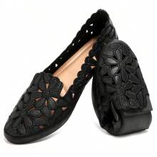 Women's Floral Ballet Flats For Women Black Beige Slip On Flowers PU Leather Round Toe Dress Shoes