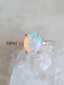 1個閃耀的拉布拉多石反射彩虹光芒和閃亮的鑽石承諾戒指,適用於女性參加訂婚、婚禮和派對搭配的飾品 - 玫瑰金 - 查看 2