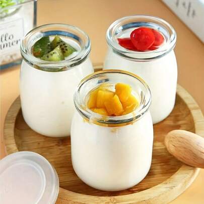 6pcs/10pcs Glass Yogurt Containers, Home Kitchen Dessert Yogurt Jars With Lids, Glass Pudding Jars, Heat Resistant Yogurt Glasses With Plastic Lids, Kitchen Gadgets, Kitchen Supplies, Kitchen Accessories, Home Kitchen Supplies