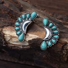 一对复古金属镶嵌绿松石月亮形耳环，西式女士礼物 - 彩色 - 查看 7