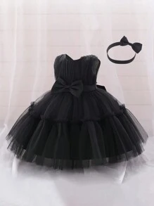 1件女童纯色蝴蝶结装饰薄纱泡泡裙连衣裙，配发带，可爱又优雅 - 黑色 - 查看 4