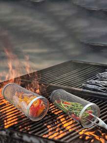 1pc Stainless Steel Portable Barbecue Barrel With Rolling Cooking Basket/Grill Rack/Barbecue Net For Outdoor Use - Silver - View 8