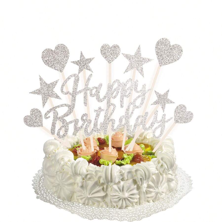11pcs Rose Gold Happy Birthday Cake Topper Decoration Kit With English