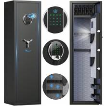 Kavey Biometic Fingerprint Gun Safe Cabinet, Safe For Rifles And Shotguns Quick Access 3-5 Gun Cabinet With Fingerprint Lock And Pistol Lock Box, Backlit Keypad
