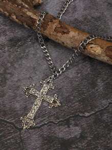 Vintage Gothic Style Big Cross Necklace, Floral Cross Necklace, Gothic Hip Hop Chain Necklace For Women And Men