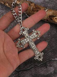 Vintage Gothic Style Big Cross Necklace, Floral Cross Necklace, Gothic Hip Hop Chain Necklace For Women And Men