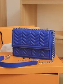 時尚的鏈環壓花肩背包,帶有鑲嵌水晶鏈條背帶設計 - 藍色 - 查看 8