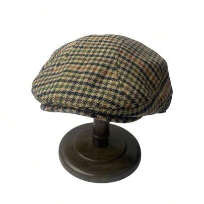 Houndstooth Flat Cap For Men Women Vintage Woollen Beret Cap Outdoor Casual Women Hat