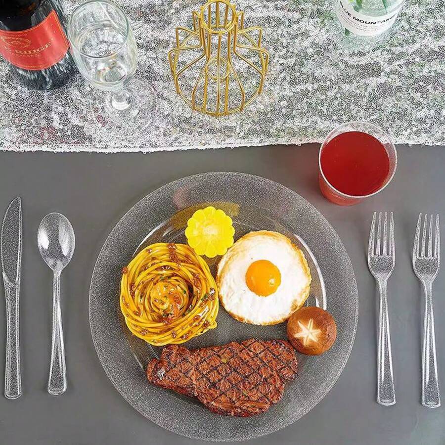 20pcs Clear Glitter Hard Plastic Round Plates, Dessert & Cake Serving Tray, Reusable & Washable Plastic Tableware, Perfect For Parties - Glitter Transparent - View 1