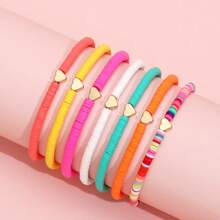7pcs/Set Bohemian Style Random Color Polymer Clay Heart Beaded Anklet For Women Valentines