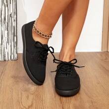 Women Solid Color Canvas Flat Shoes, Round Toe Breathable Lace-Up Anti-Slip Shoes, Classic Lady Canvas Shoes, Solid Color Low-Cut Lace-Up Casual Shoes, Comfortable Athletic Outdoor Shoes