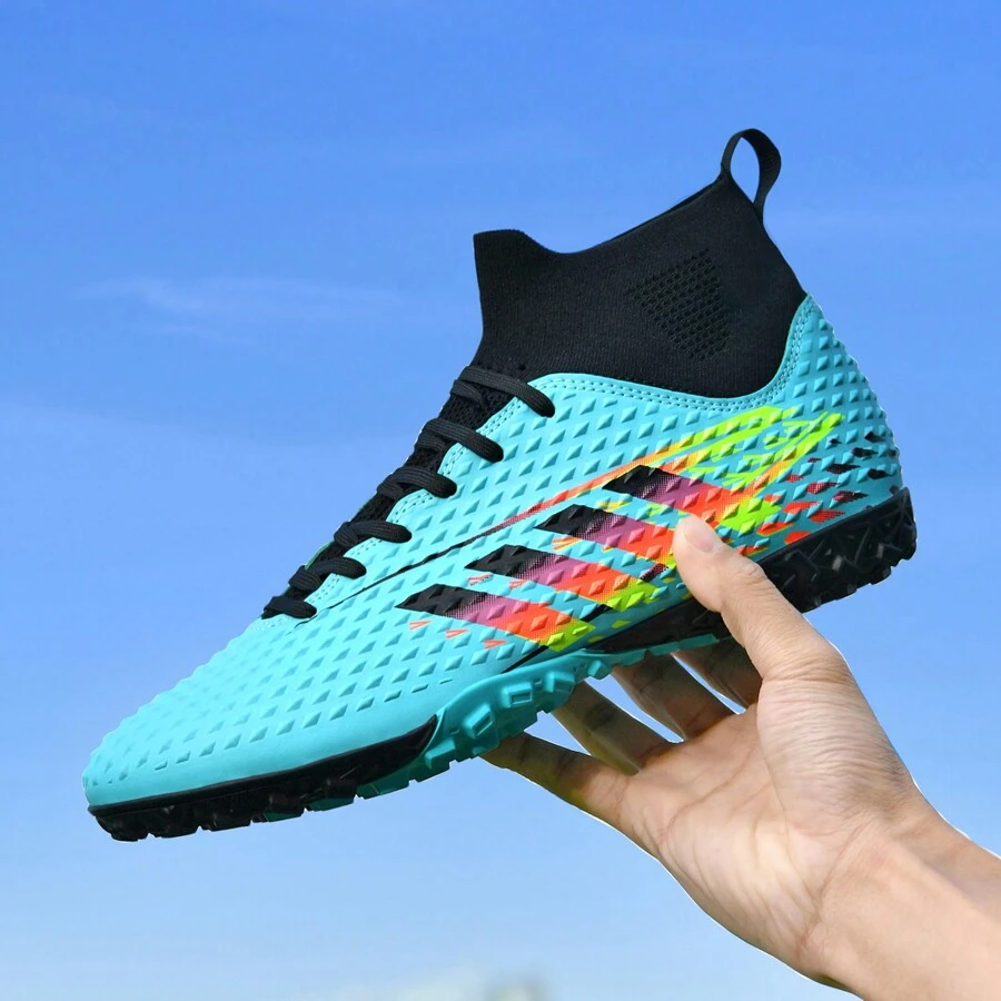 1pair New Style Unisex Stripe Soccer Shoes Tf Studs Anti-Skid Training Shoes, Professional Football Sportswear, Black Classic High-To-Low Football Shoes