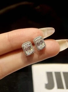 ESBERRY 女士1對碳化硅鑽耳環，S925純銀矩形耳釘，結婚禮物情人節奢華珠寶禮物，鑽石新娘珠寶鑽石耳環 - 銀色 - 查看 1