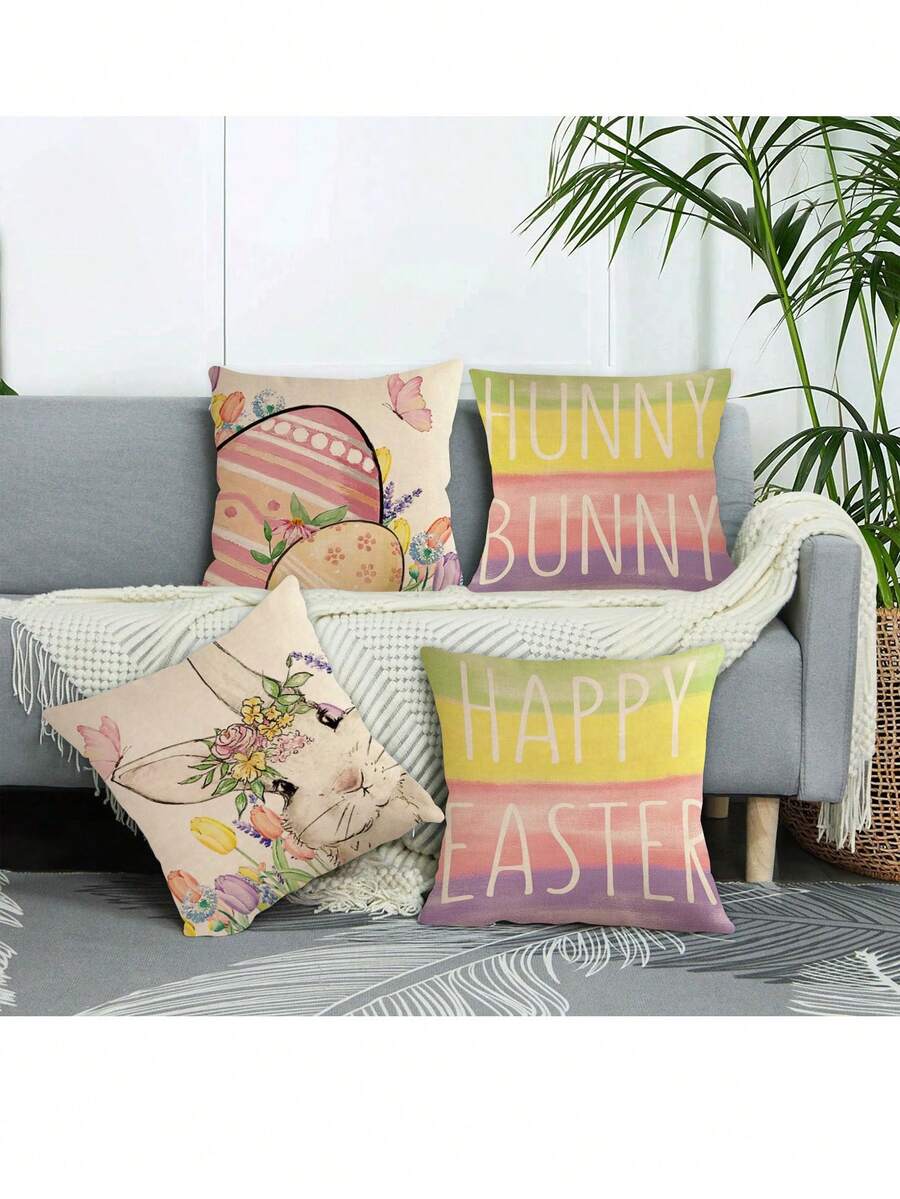 4入組復活節主題兔子和蛋圖案枕套,不含枕芯,家居沙發裝飾用的裝飾性靠墊套 - 紅色 - 查看 1