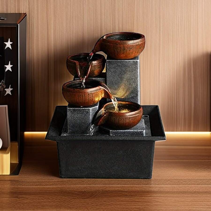 1pc Tabletop Water Fountain 3-Tier Relaxation Tabletop Fountain Indoor Waterfall Fountain Feng Shui Fountain Aura Meditation Tabletop Fountain For Table Desk Office Home - Rust Brown - View 1