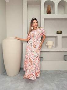 PAETTE MODA Vestido Longo Manga bufante Ciganinha Estampado