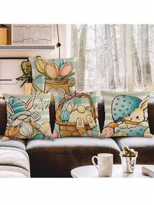 4 Piezas/set De Fundas Decorativas Para Almohadas Con Patrón De Conejo De Pascua Y Huevos De Pascua (no Incluye Relleno De Almohada) Para Decoración De Sofá En El Hogar - Naranja - Ver 4